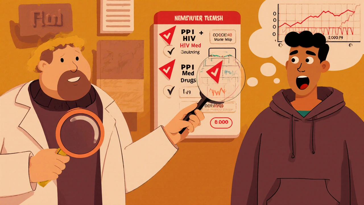 A pharmacist points out dangerous drug interactions on a chart while a patient reacts in surprise.