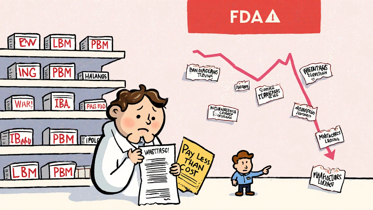 A pharmacist stares at a losing reimbursement slip while generic pills labeled &#039;Low Profit&#039; line the shelf.