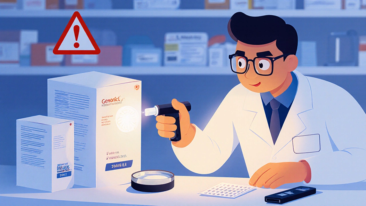 A pharmacist using a UV light to reveal a hidden glow on a generic medicine package.