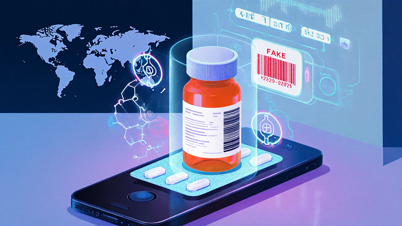 A smartphone scanning a pill bottle with AI overlays showing verification data and a fake alert.