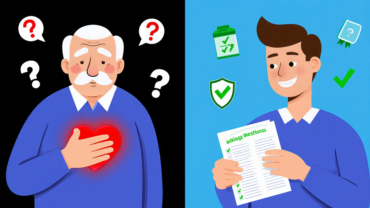 Before and after scene: one side shows danger from unasked questions, the other safety from communication.