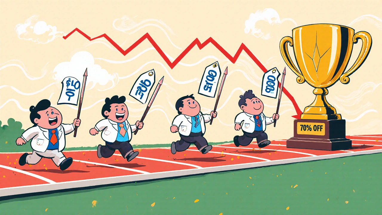 Cartoon drug companies racing to lower prices, with a steep downward graph and a &#039;70% OFF&#039; trophy.