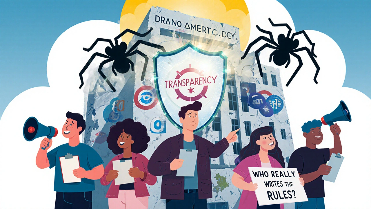 Citizens confronting a corporate-covered agency building as AI lobbying bots are blocked by a transparency shield.