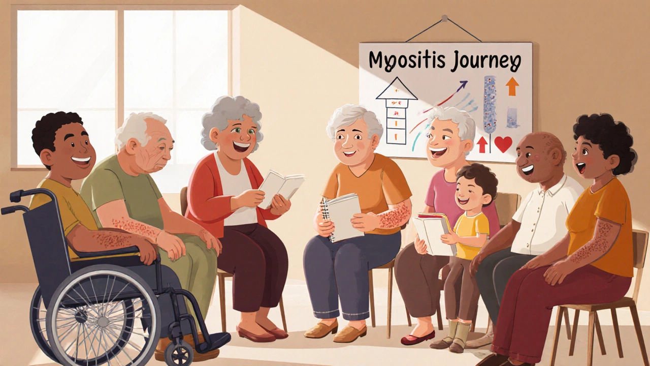 Diverse group of myositis patients in a supportive circle, one reading to a child, others using assistive tools