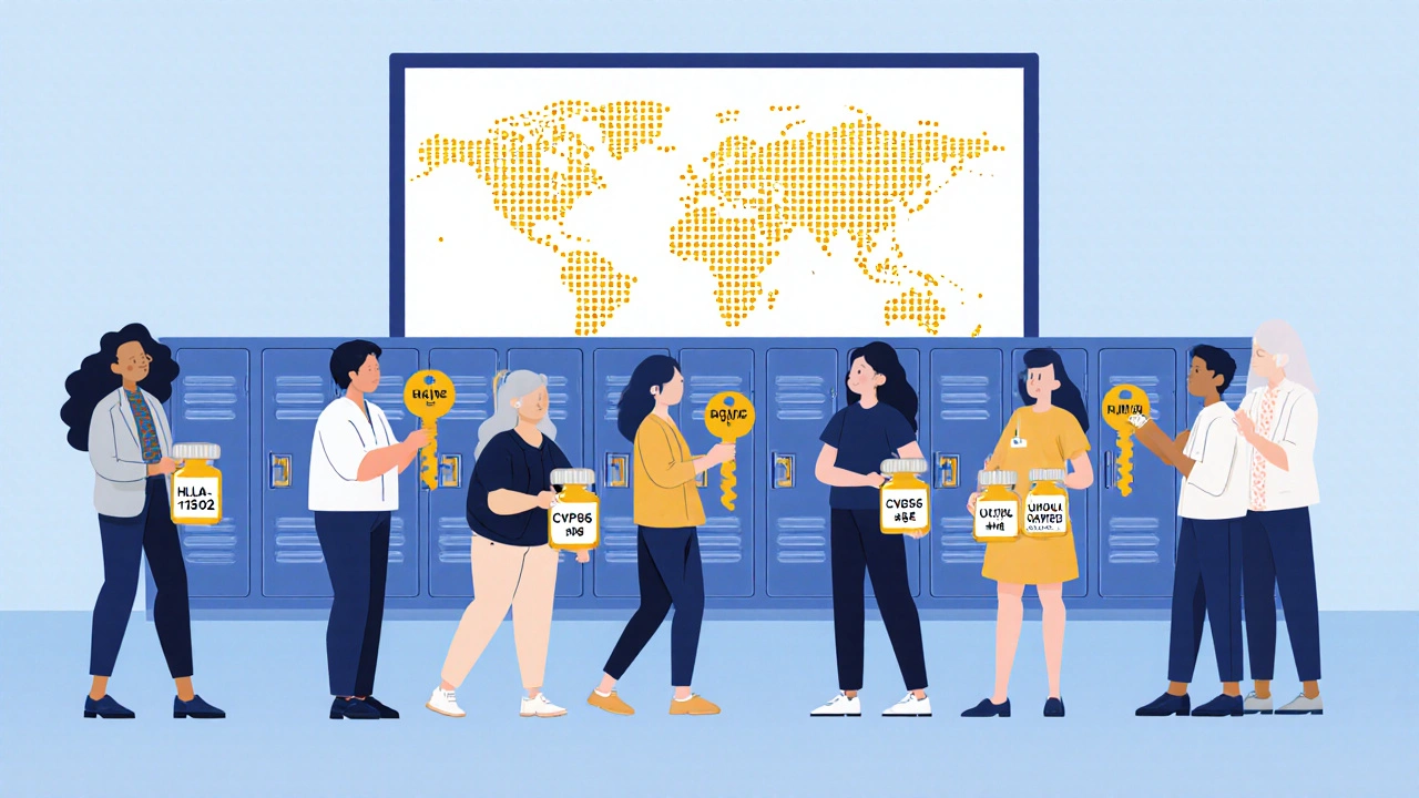 Diverse patients unlocking personalized medicine lockers with unique gene keys, representing precision pharmacogenomics.