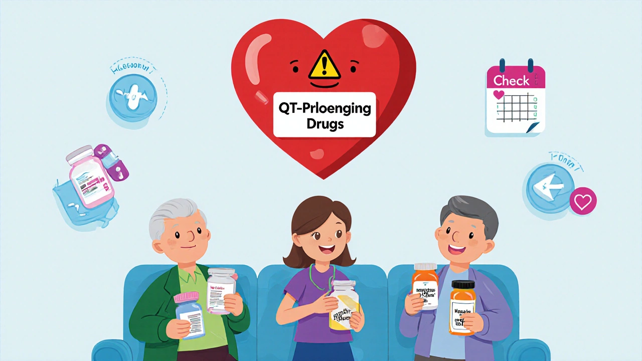 Diverse patients with medications, floating warning heart with QT icons