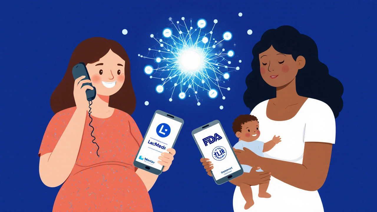 Diverse pregnant women consulting trusted health resources on their phones with a pharmacist nearby.