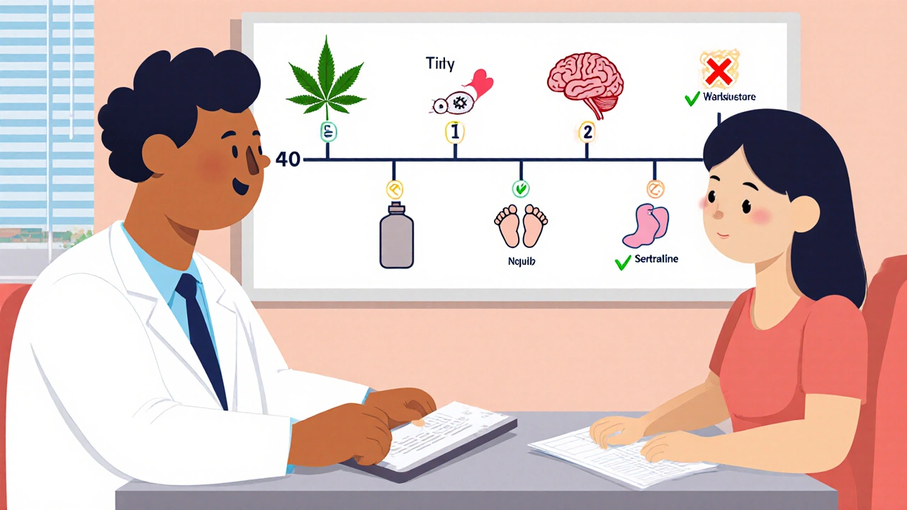Doctor and patient reviewing a colorful pregnancy timeline with safe and risky medications marked by icons.