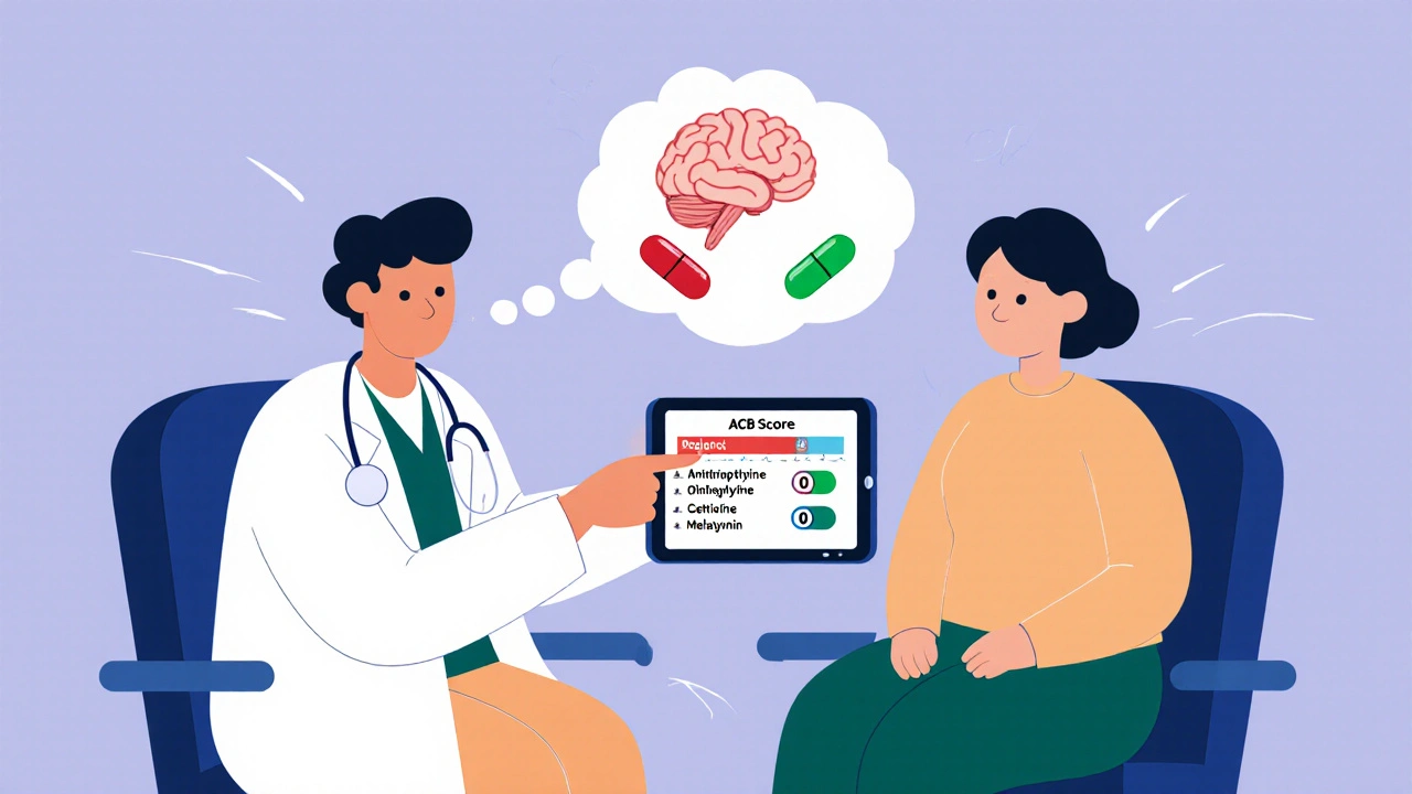 Doctor and patient reviewing an ACB score chart showing high-risk medications replaced by safe ones.