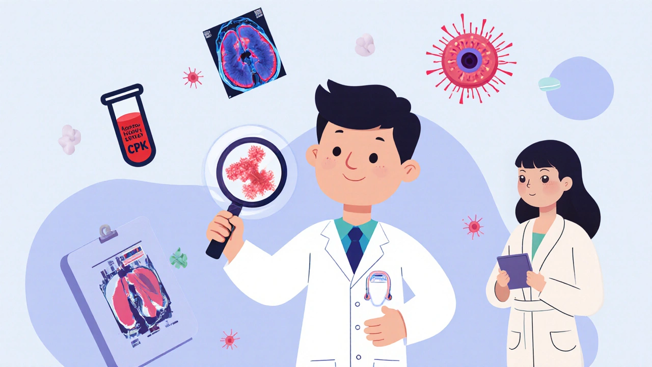 Doctor examining muscle biopsy with icons of blood test, MRI, and immune cells attacking muscle