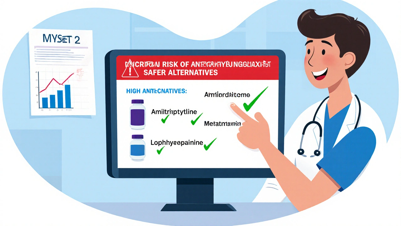 Doctor reviewing warning on computer about dangerous drug combo, suggesting safer options.