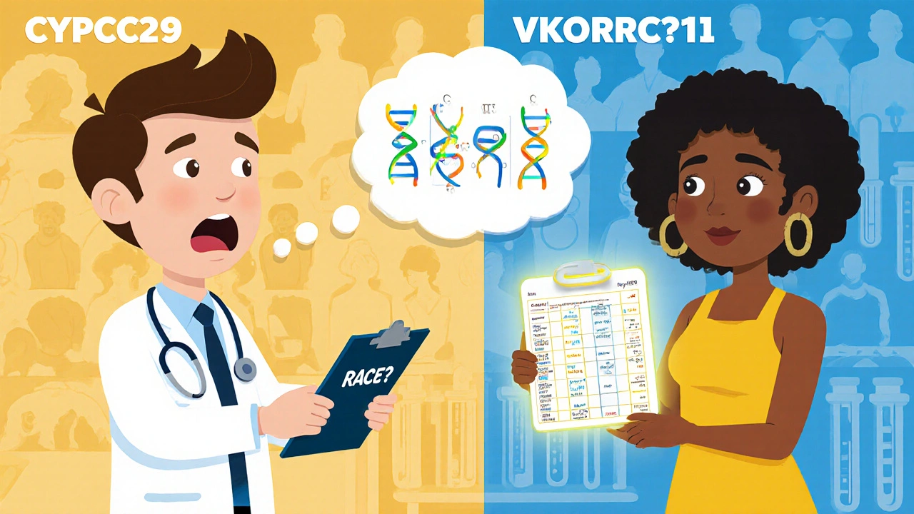 Doctor surprised as patient shows genetic chart instead of race label, contrasting old and new medical approaches.