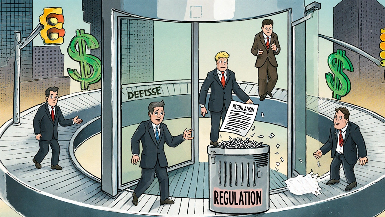 Government officials revolving into corporate jobs while new regulators enter from the public side.