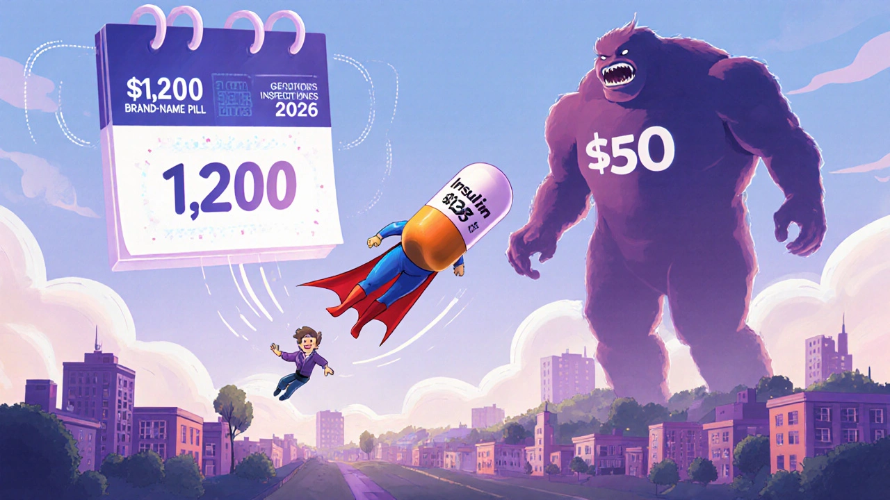 Heroic generic pill rescues patient from expensive brand-name drug in a hopeful town scene.