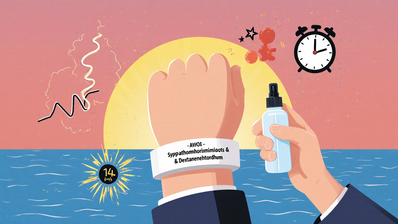 Medical alert bracelet with warning text surrounded by danger symbols and sunrise