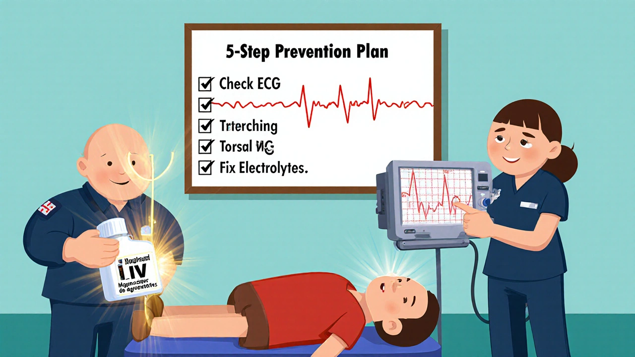 Paramedic giving magnesium IV to patient with Torsades de Pointes on monitor