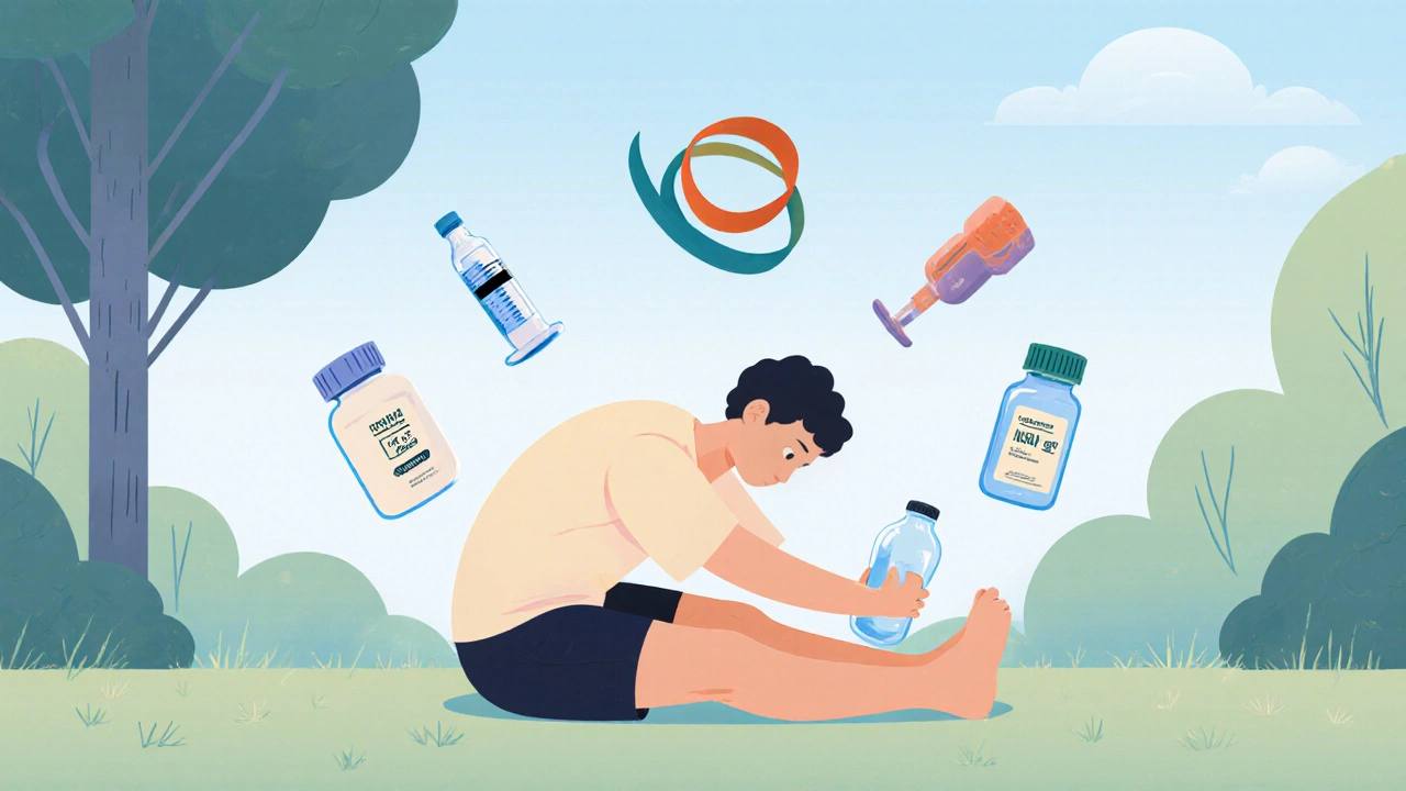 Person stretching in park with alternative pain relief options floating nearby