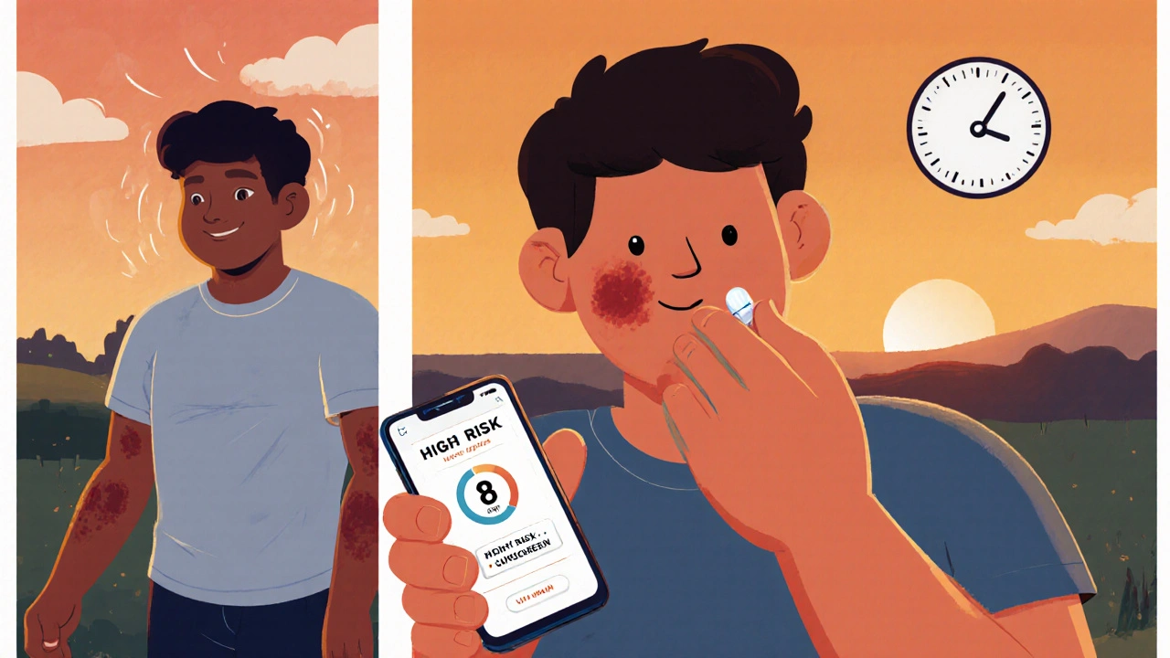 Person taking evening antibiotic dose while checking a UV alert app on their phone.