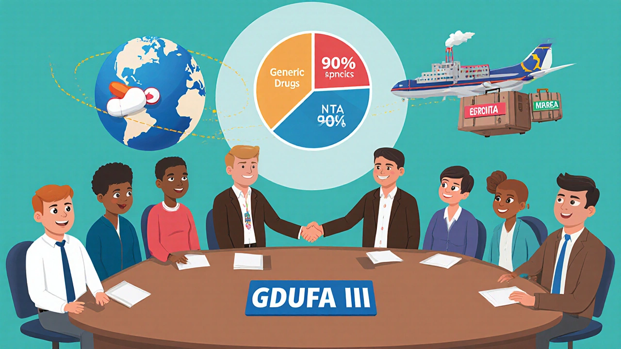 Pharmaceutical companies shake hands over GDUFA III agreement with global factory icons.
