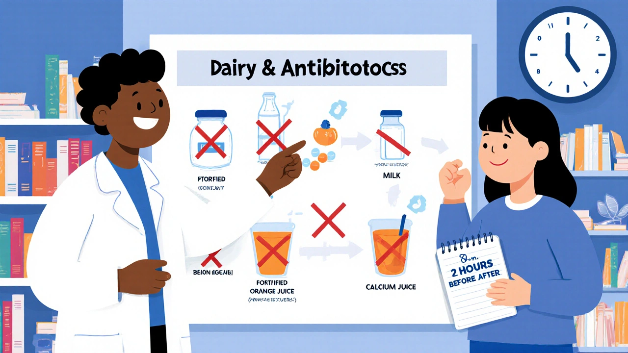 Pharmacist explaining dairy-antibiotic interaction on an illustrated wall