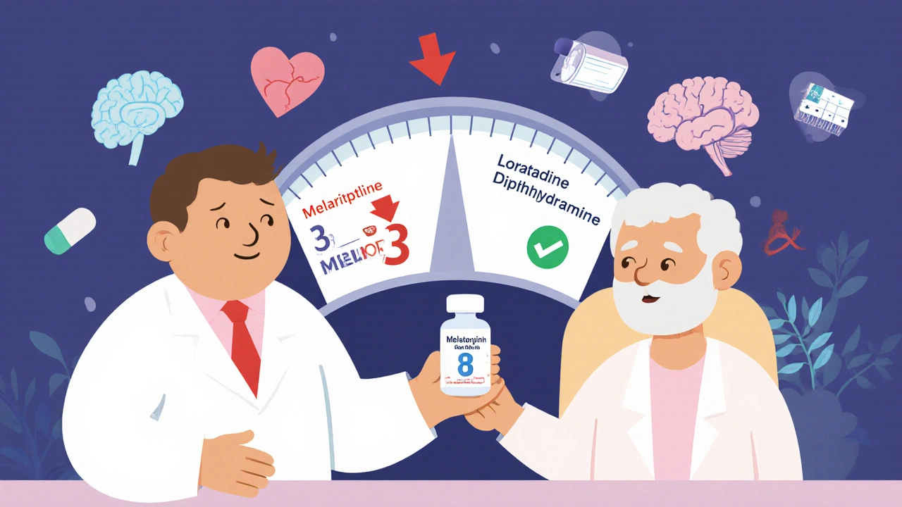 Pharmacist giving melatonin to an older patient while a scale shows safer alternatives outweighing risky drugs.