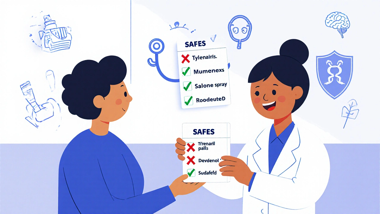 Pharmacist giving patient a safe medication card with green checks and red Xs