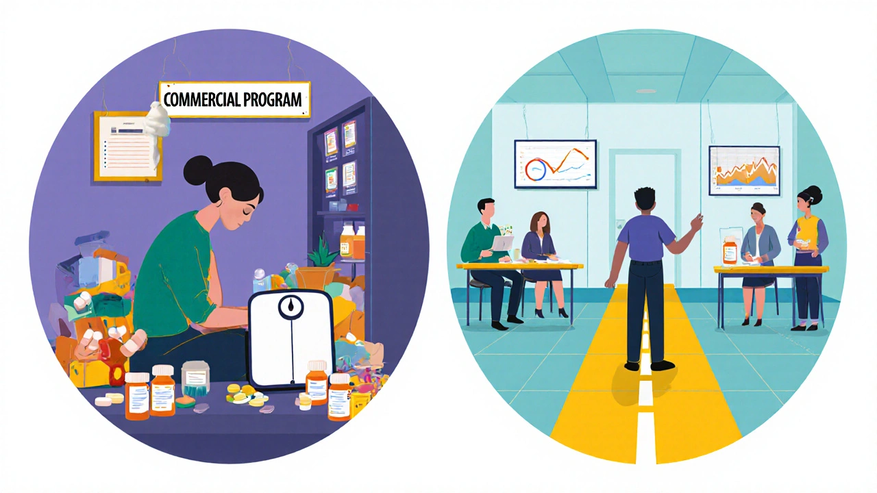 Side-by-side: one person alone with diet pills, another supported by a medical team in a bright clinic.