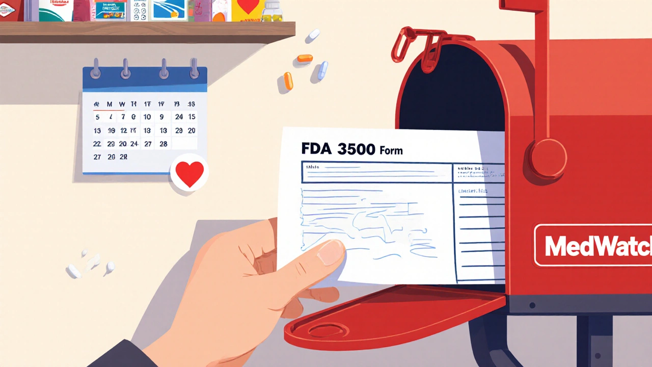 Someone mailing an FDA adverse event report form to MedWatch.