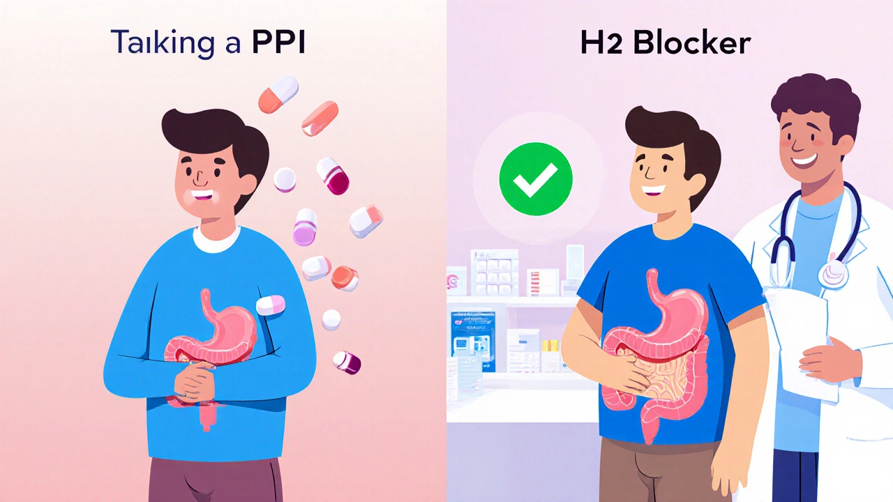 Split scene showing poor drug absorption with PPI versus better absorption with H2 blocker.