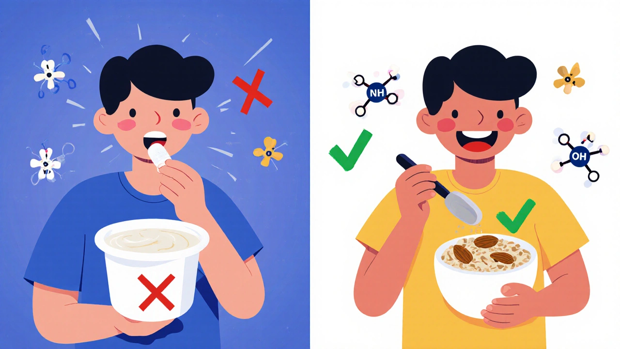 Split scene: yogurt with red X vs safe unfortified plant milk with green check