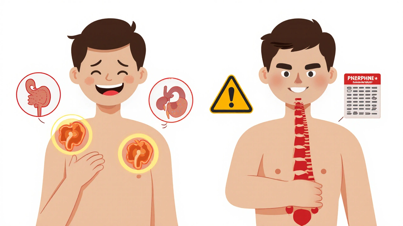 Two patients showing benefits and risks of indomethacin with warning symbols