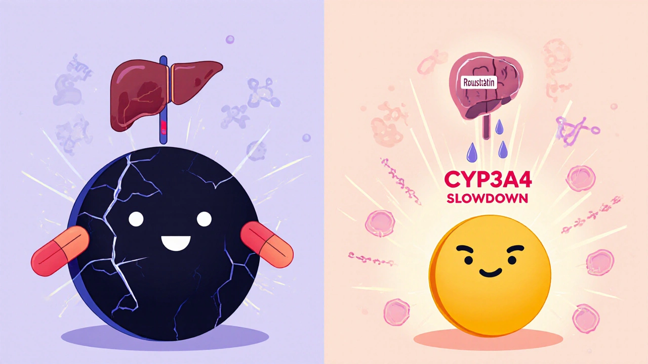 Two statin pills side by side: one damaging muscles, one safe, with thyroid icons showing risk vs. safety.