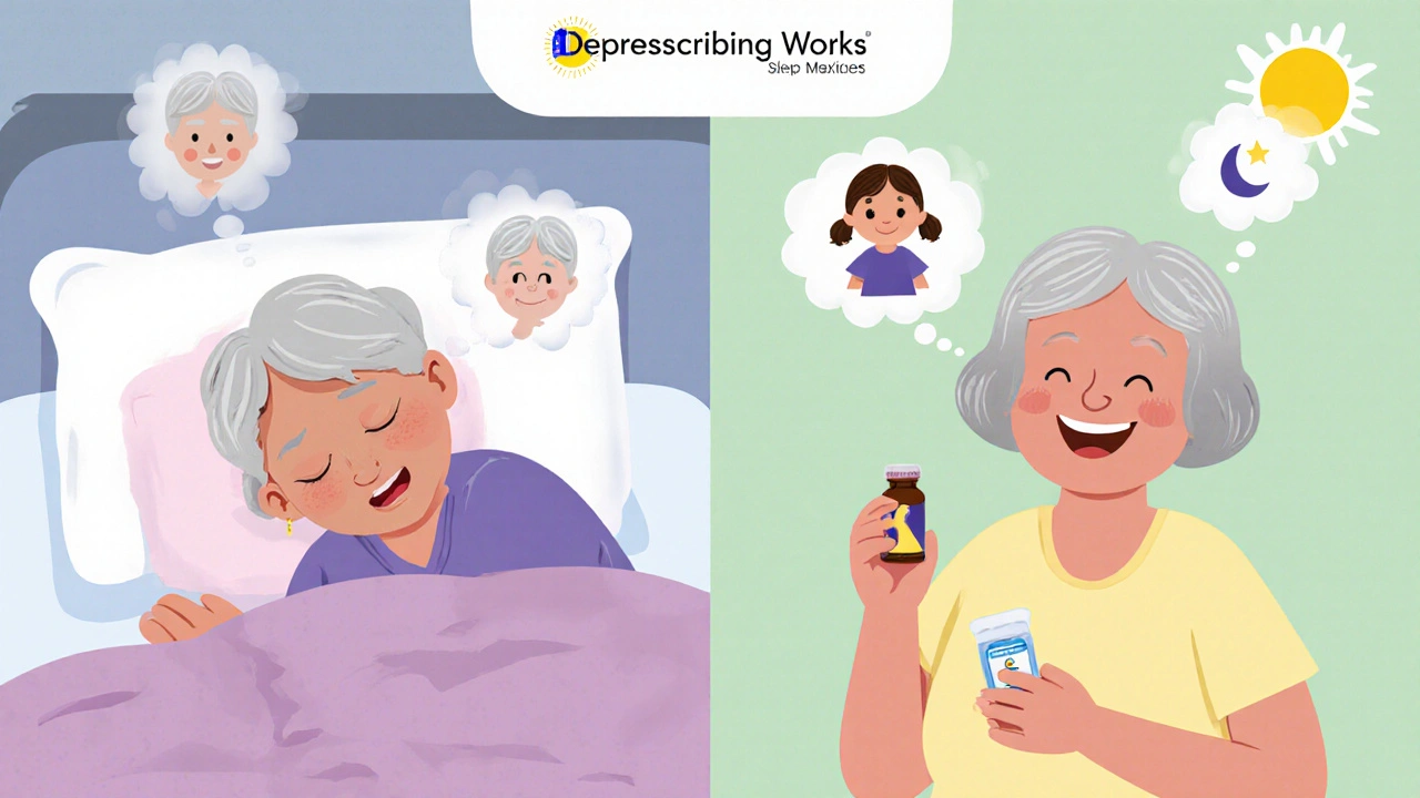 Woman before and after stopping harmful meds: foggy memory vs. clear joy with family.