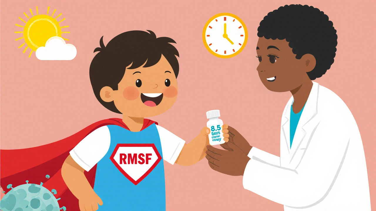 Young child smiling as pediatrician gives doxycycline for tick-borne illness with a superhero shield.