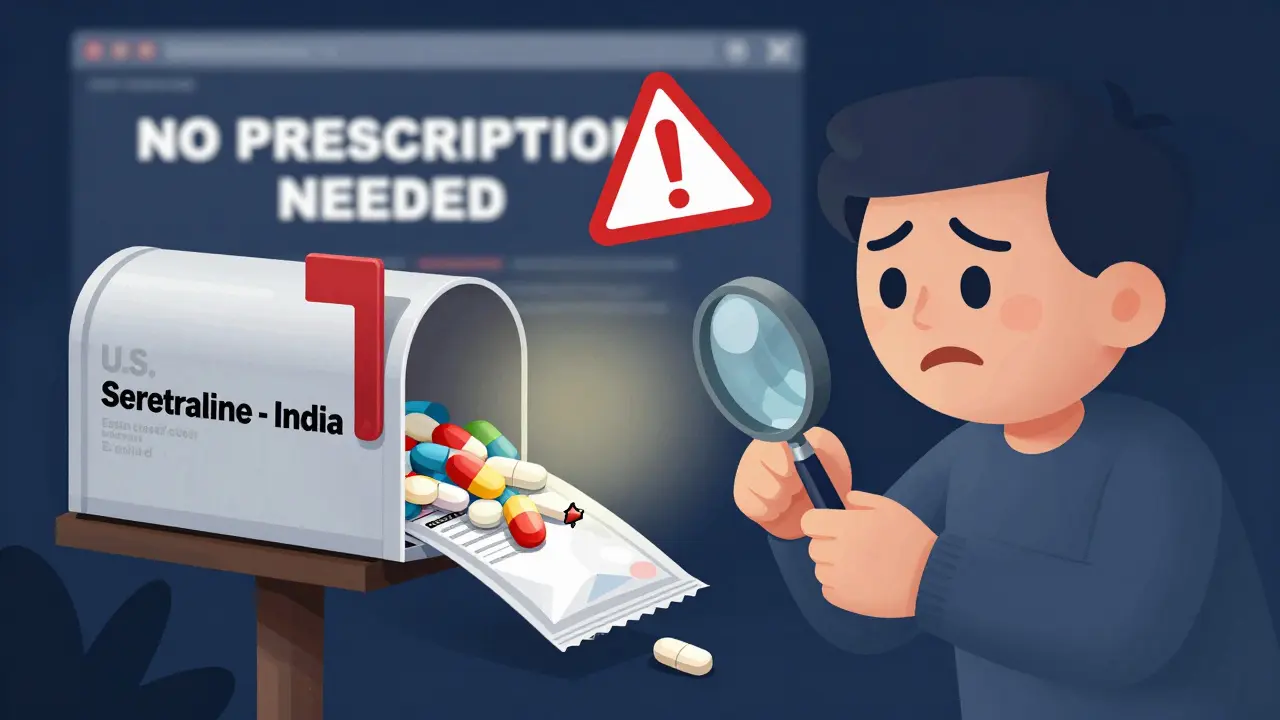 A damaged package of pills from India with mismatched tablets, surrounded by warning signs.