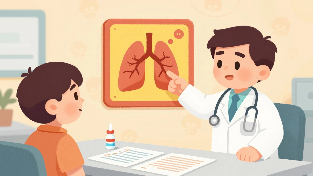 A doctor and patient in a clinic, with warning signs about dangerous drug combinations and ignored naloxone.