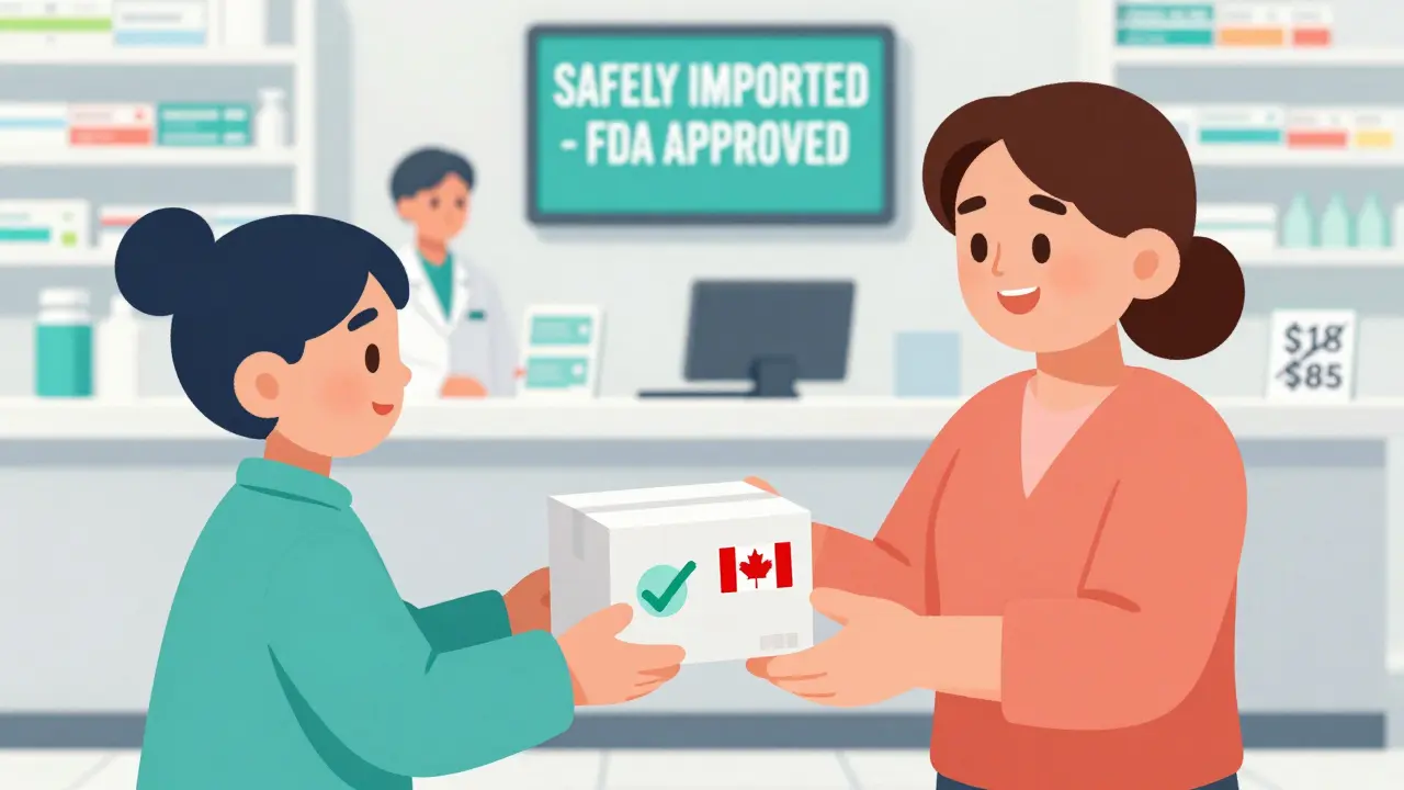 A patient receiving a safely imported medication box through a state program with a pharmacist nearby.