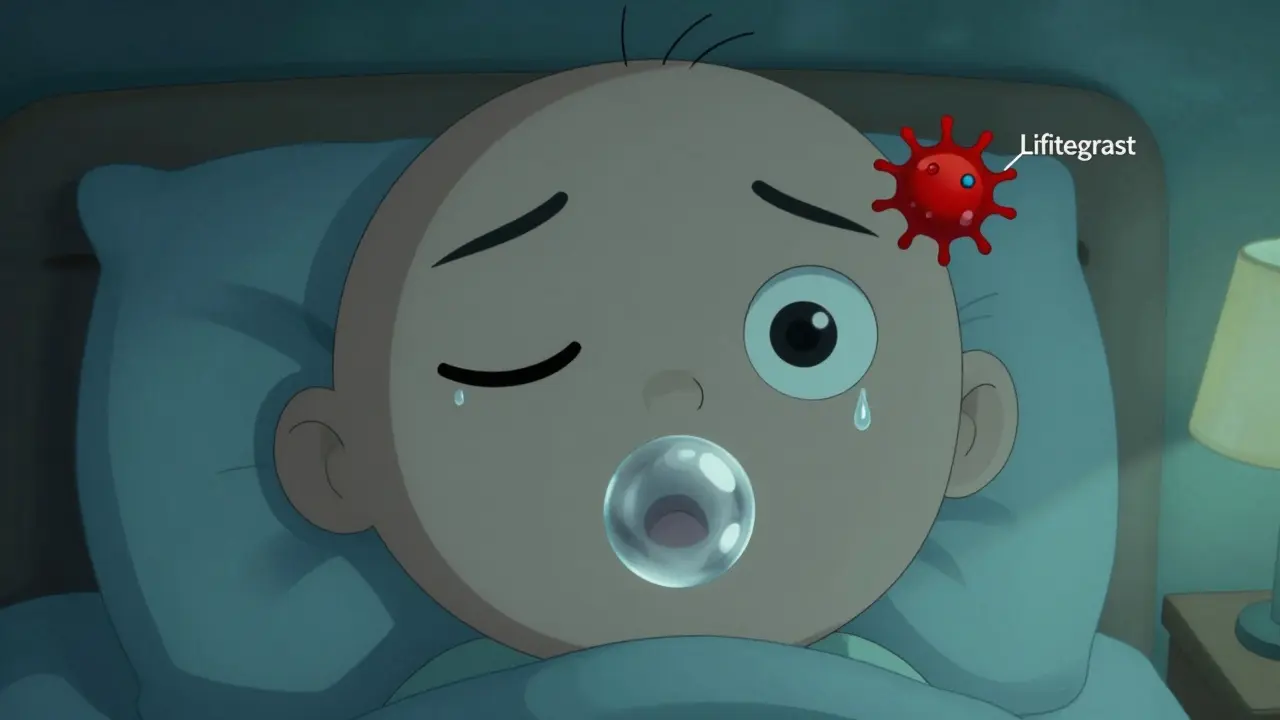 A person experiencing a metallic taste from lifitegrast while inflammation is blocked near their eye.