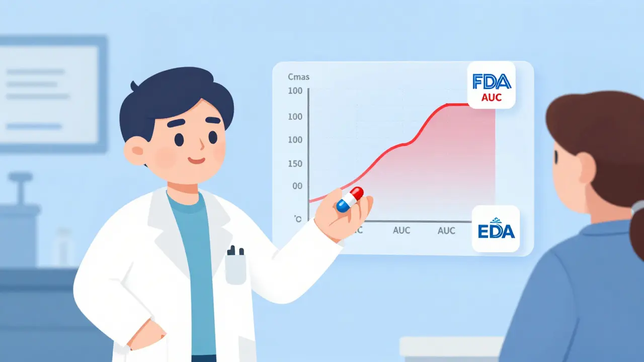 A pharmacist gives a generic pill to a patient while digital blood curves show perfect bioequivalence.
