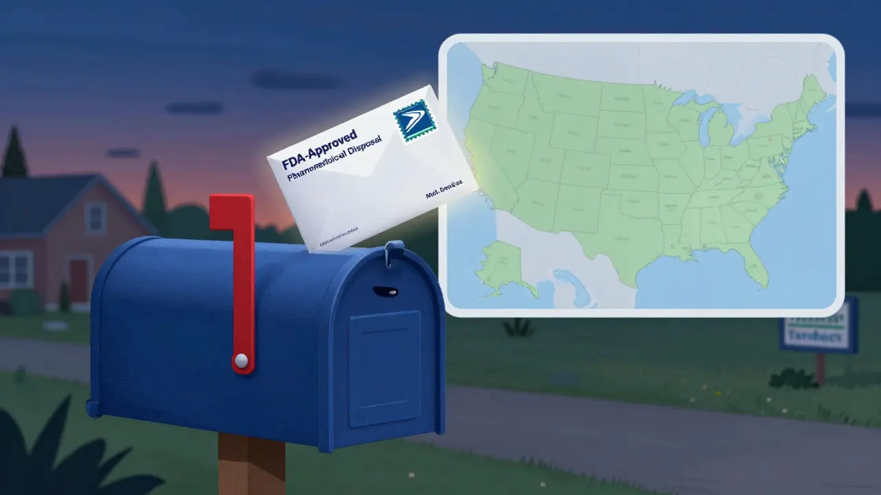 A prepaid mail-back envelope being dropped into a mailbox with a map showing disposal locations.