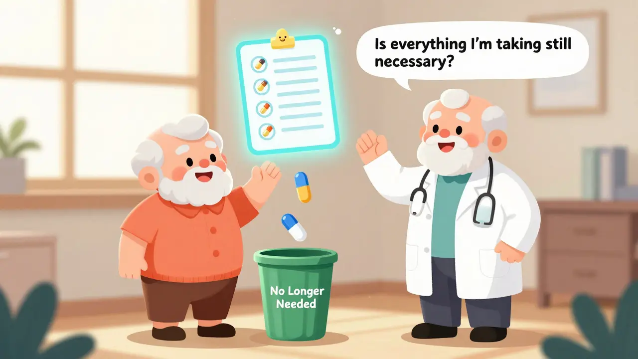 A senior asks if their medications are still needed as some pills float away, symbolizing a safer regimen.