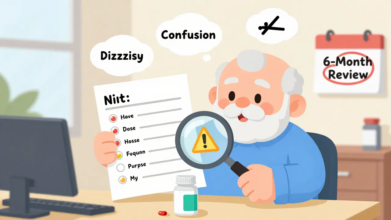 A senior shows a written medication list with a magnifying glass revealing hidden side effect warnings.