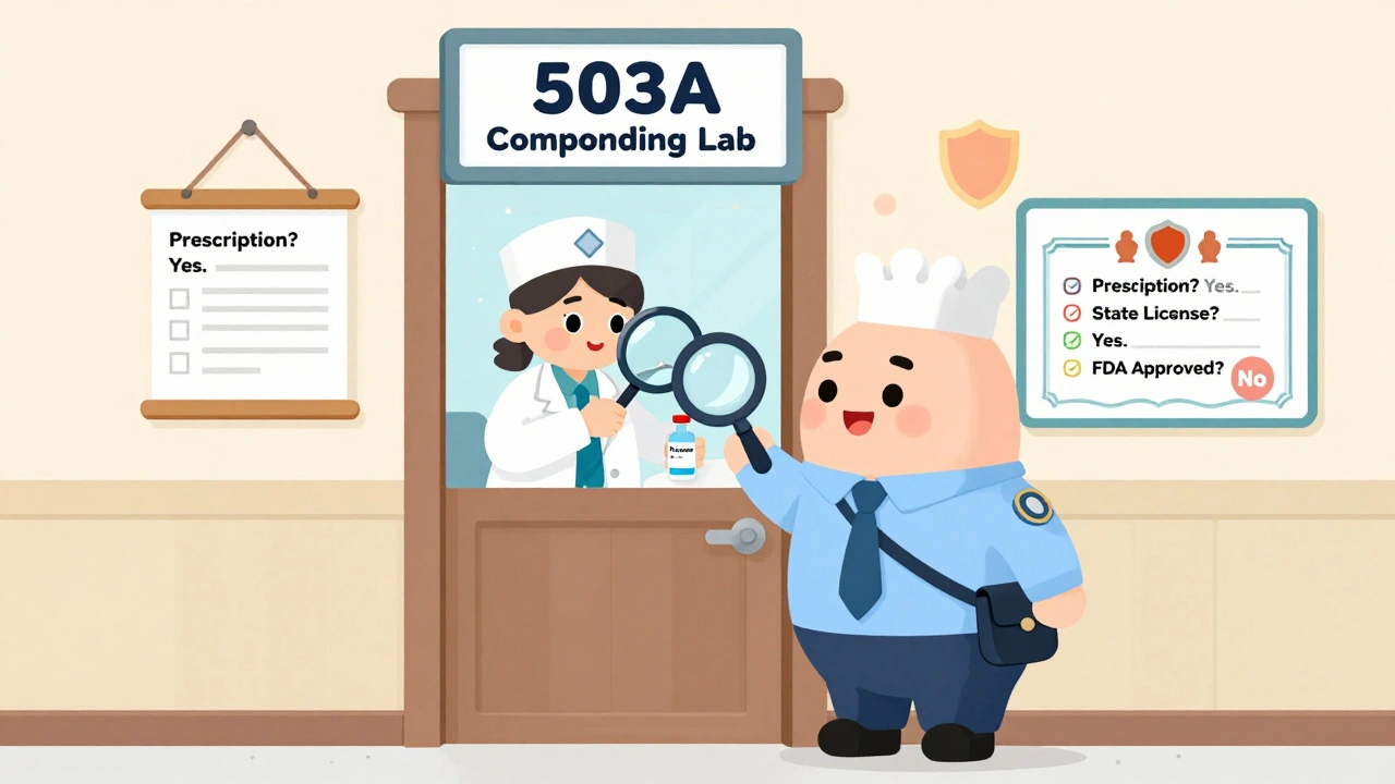 A state inspector visits a compounding pharmacy where a pharmacist prepares a custom prescription under a license.