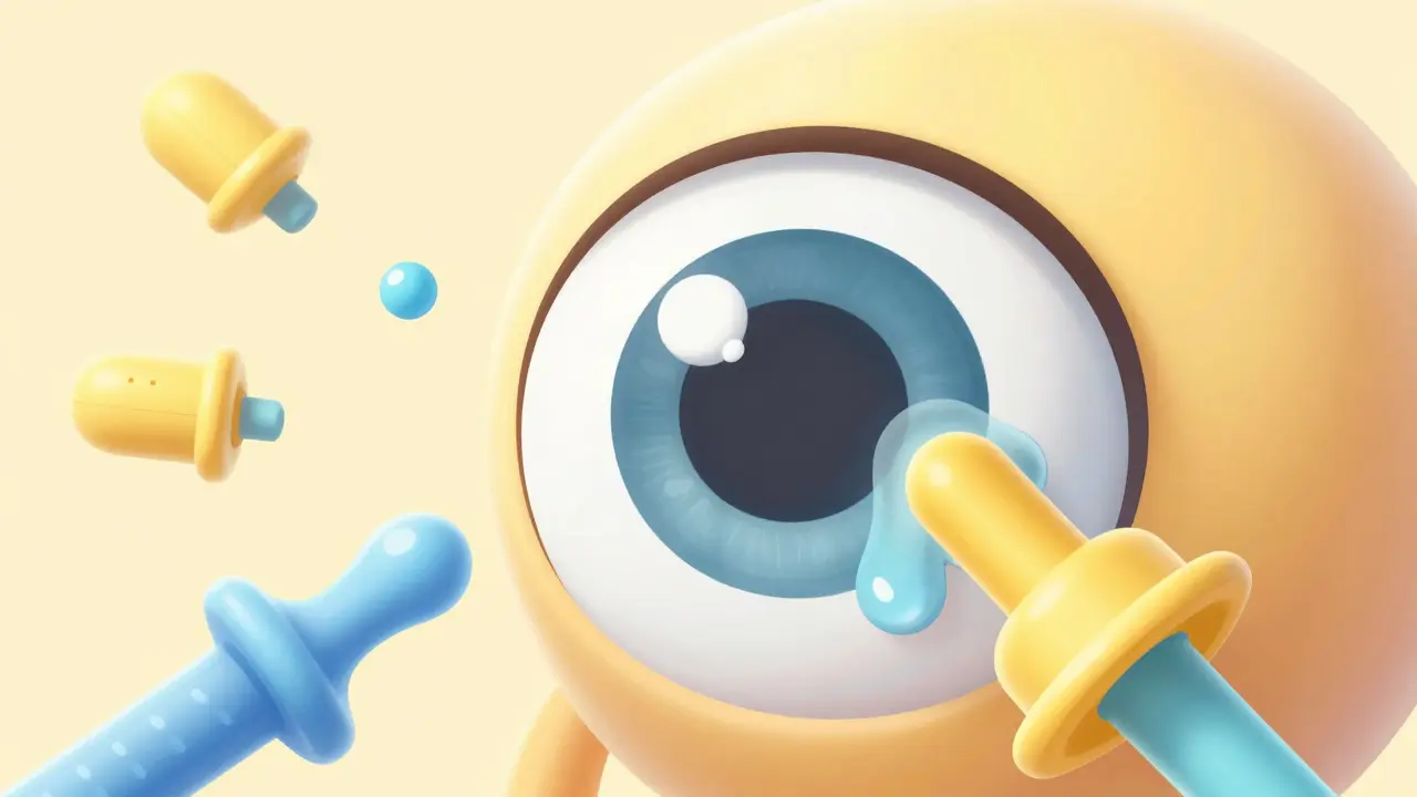 A tiny plug inserted in a tear duct helping tears stay on the eye, with some plugs floating away.