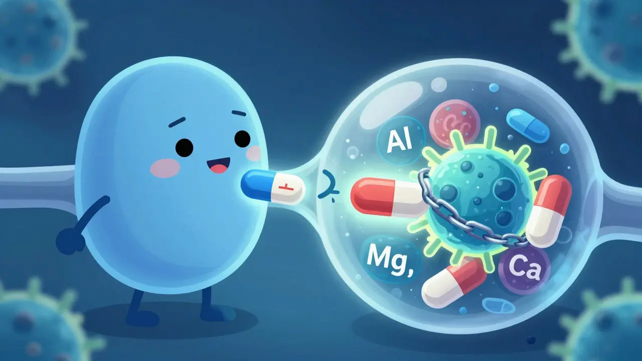 Antibiotic working properly while antacid minerals block a wrong-timed pill.