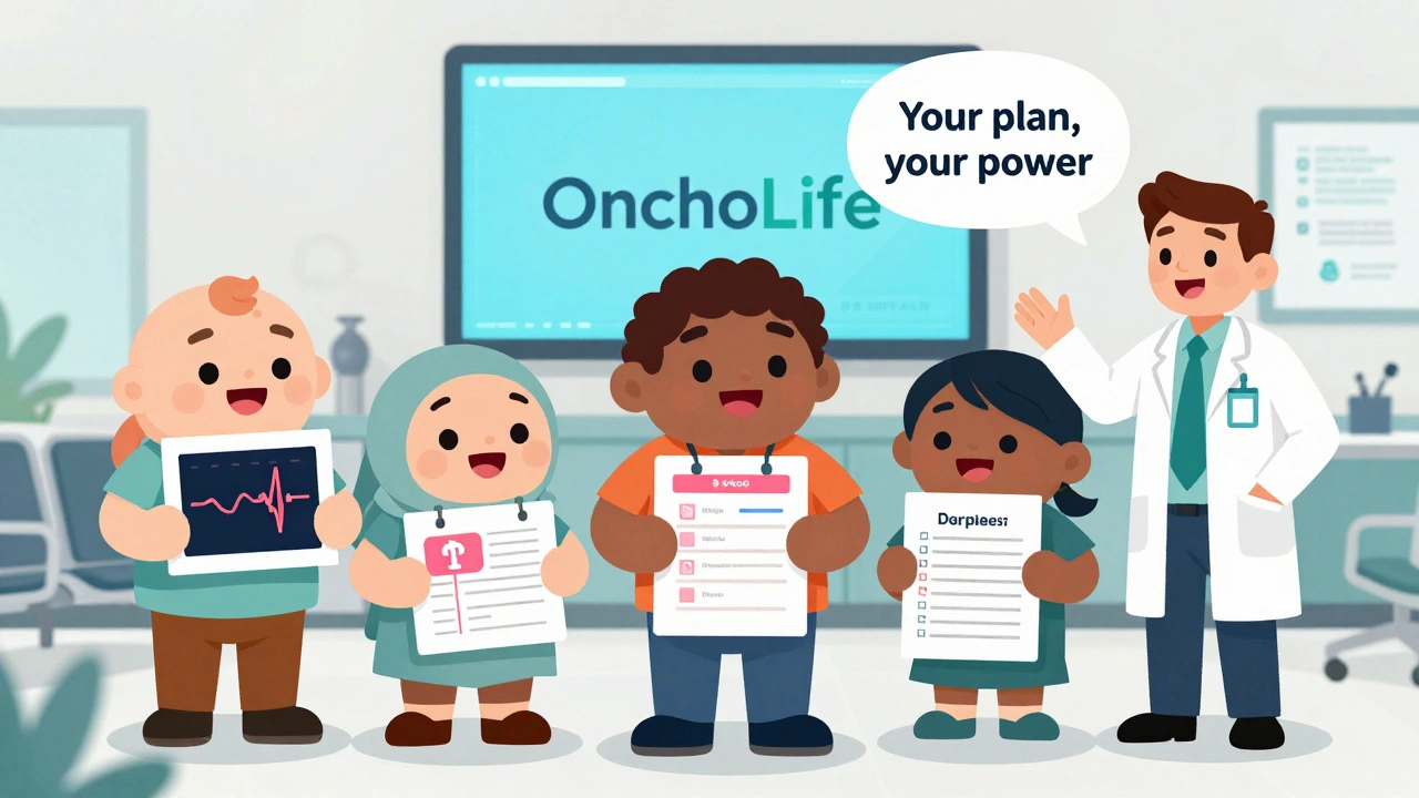 Diverse survivors in a clinic each holding personalized care plans with icons for screenings and late effects.