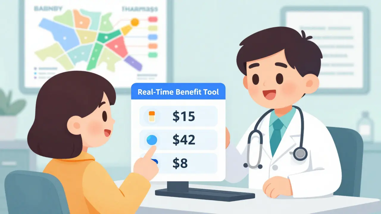 Doctor and patient looking at a computer screen showing medication price options in a clinic.