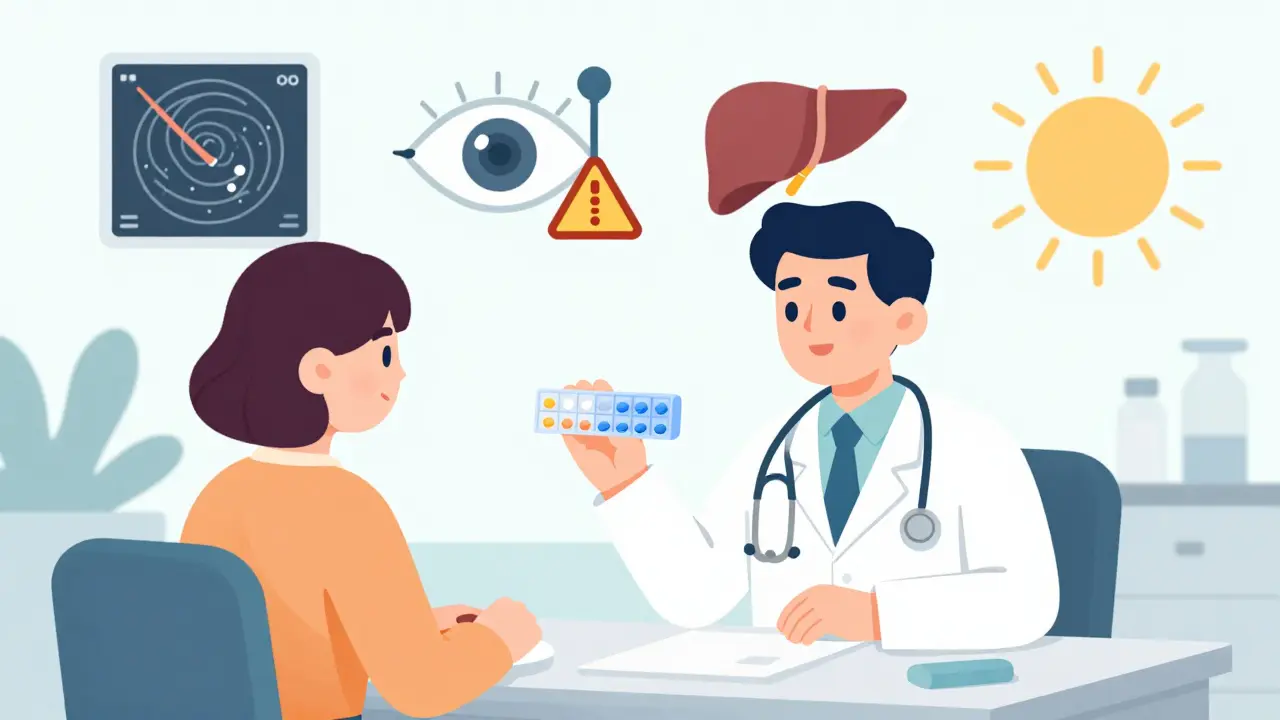 Doctor and patient reviewing steroid taper plan with medical icons floating behind them.