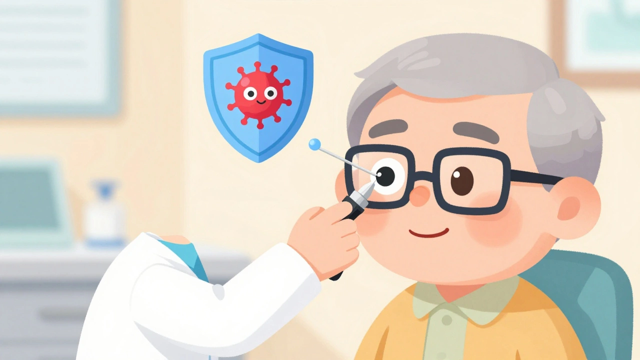 Doctor giving a gentle eye injection to an older patient in a bright clinic, with a blocked VEGF molecule icon floating nearby.