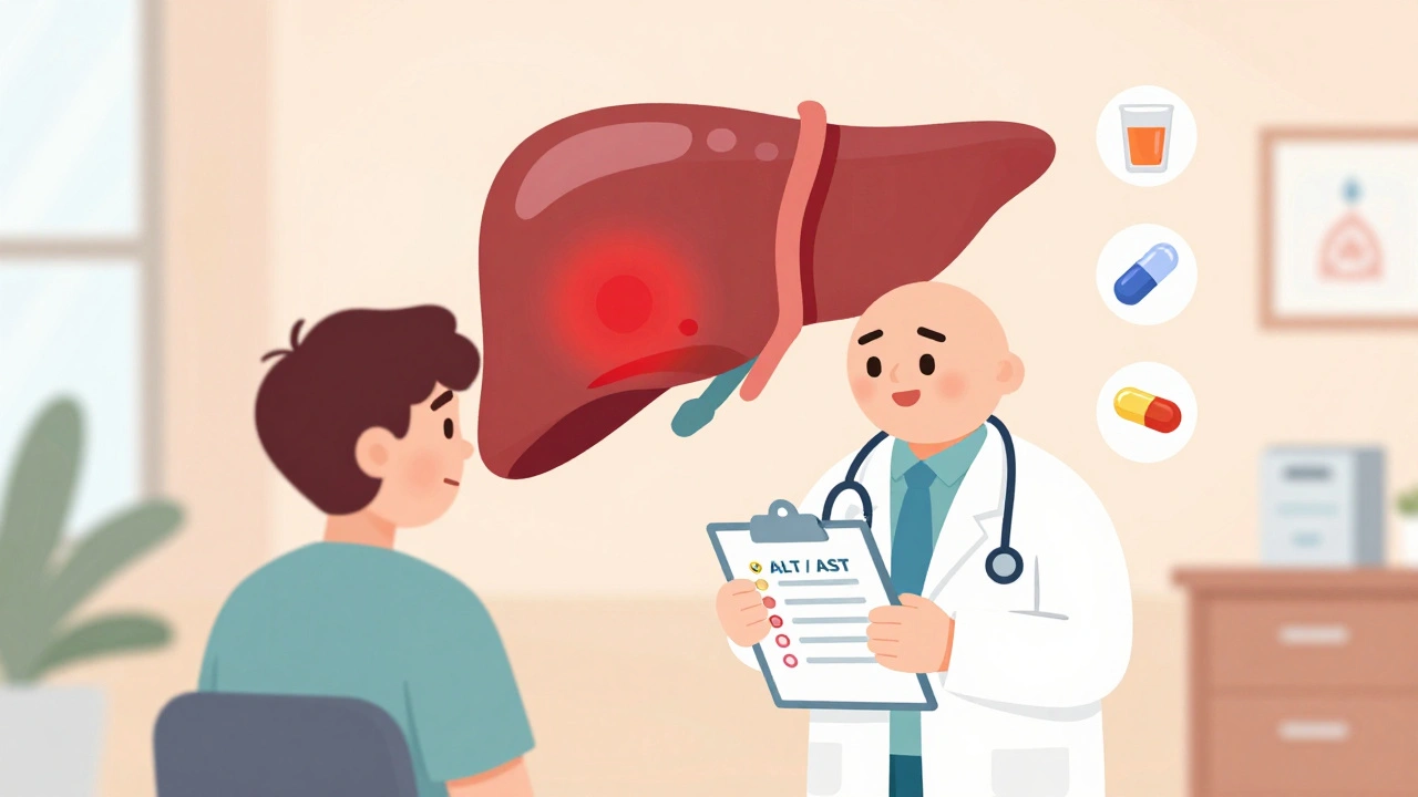 Doctor showing blood test results to patient with liver warning icons in background.